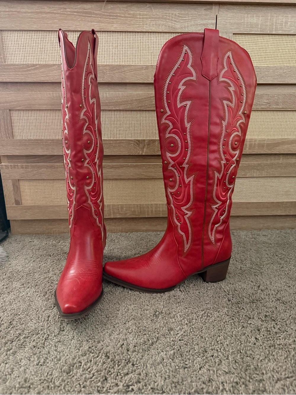 Red Embroidered Western Knee-High Boots